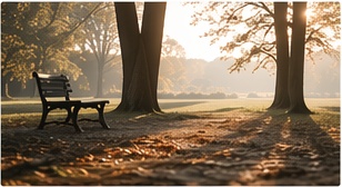 Parkbank im warmen Morgenlicht